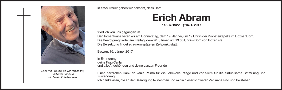  Traueranzeige für Erich Abram vom 18.01.2017 aus Dolomiten