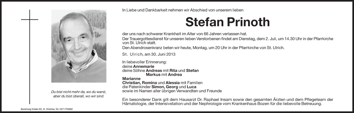  Traueranzeige für Stefan Prinoth vom 01.07.2013 aus Dolomiten