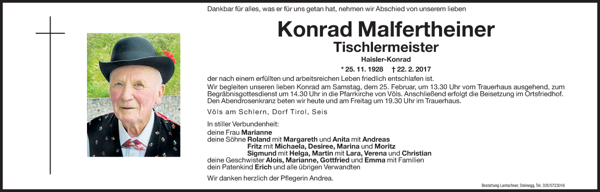  Traueranzeige für Konrad Malfertheiner vom 23.02.2017 aus Dolomiten