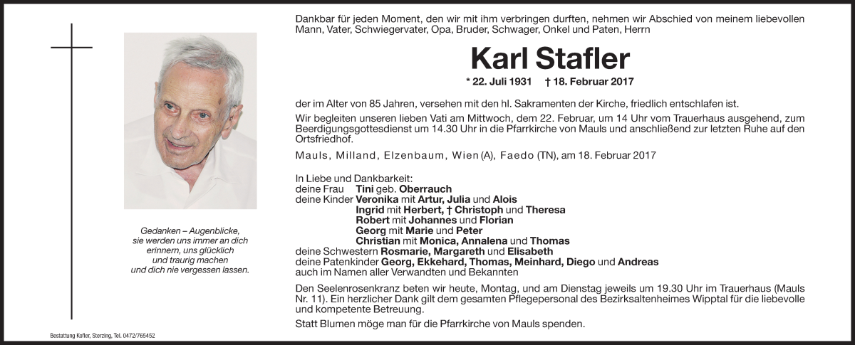  Traueranzeige für Karl Stafler vom 20.02.2017 aus Dolomiten