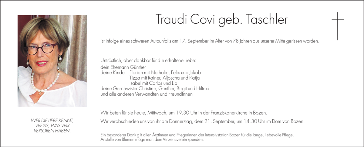  Traueranzeige für Traudi Covi vom 20.09.2017 aus Dolomiten