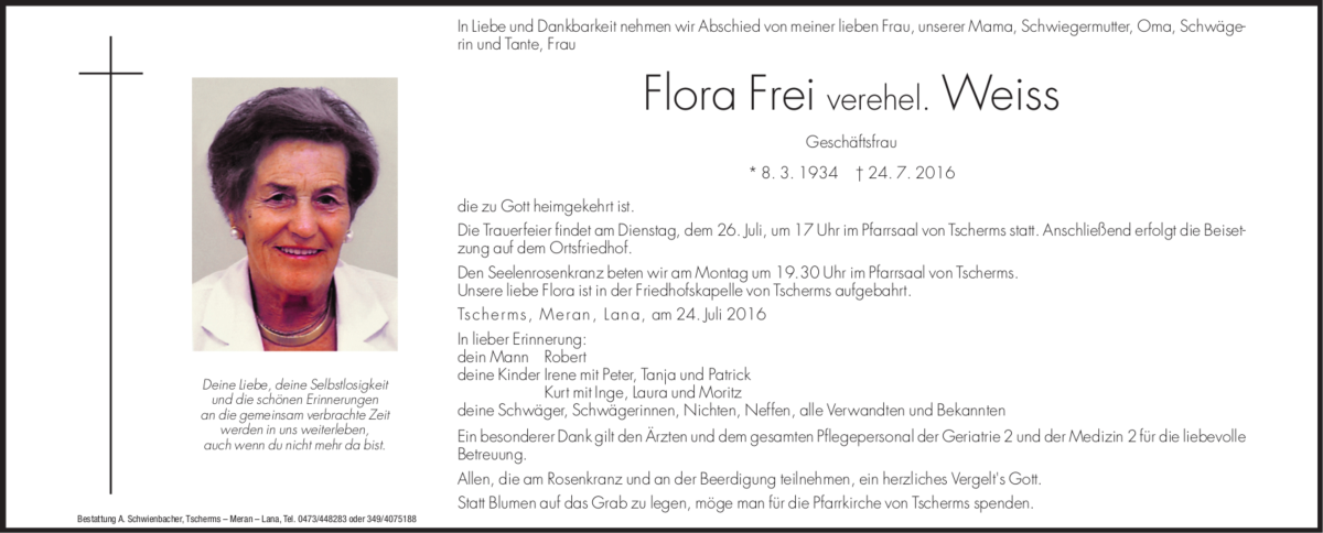  Traueranzeige für Flora Weiss vom 25.07.2016 aus Dolomiten