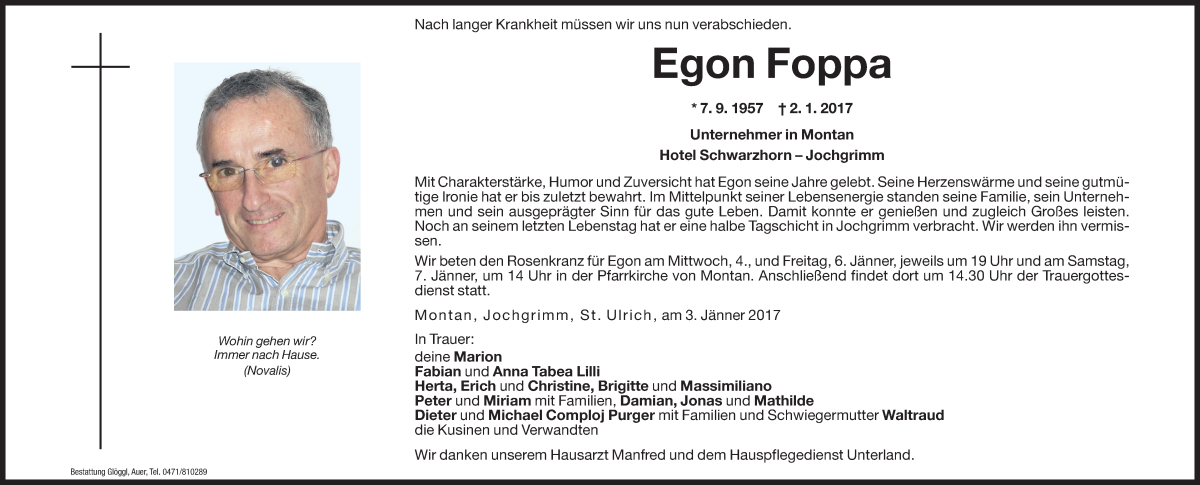  Traueranzeige für Egon Foppa vom 04.01.2017 aus Dolomiten