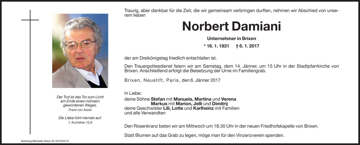  Traueranzeige für Norbert Damiani vom 10.01.2017 aus Dolomiten