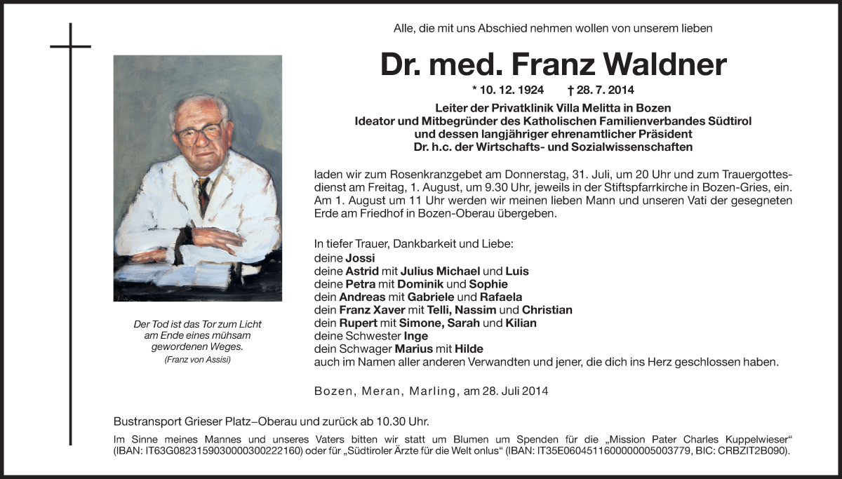  Traueranzeige für Franz Waldner vom 30.07.2014 aus Dolomiten