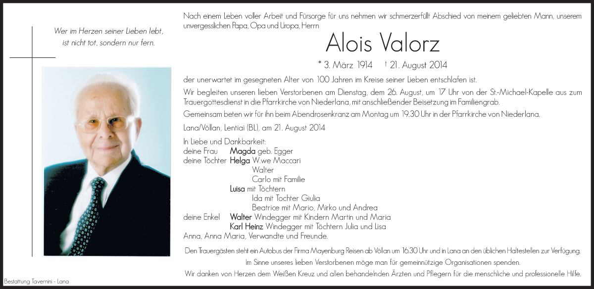  Traueranzeige für Alois Valorz vom 23.08.2014 aus Dolomiten
