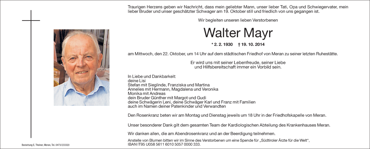  Traueranzeige für Walter Mayr vom 20.10.2014 aus Dolomiten