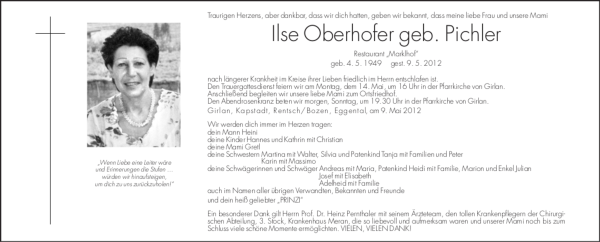 Traueranzeige von Ilse Oberhofer von Dolomiten