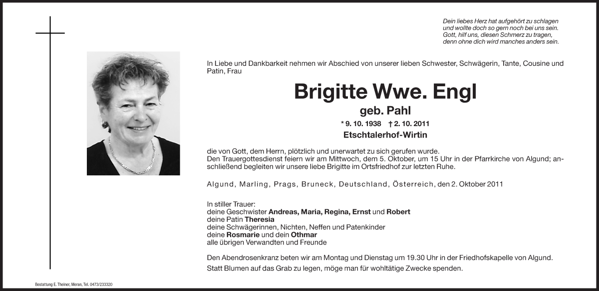  Traueranzeige für Brigitte Engl vom 03.10.2011 aus Dolomiten