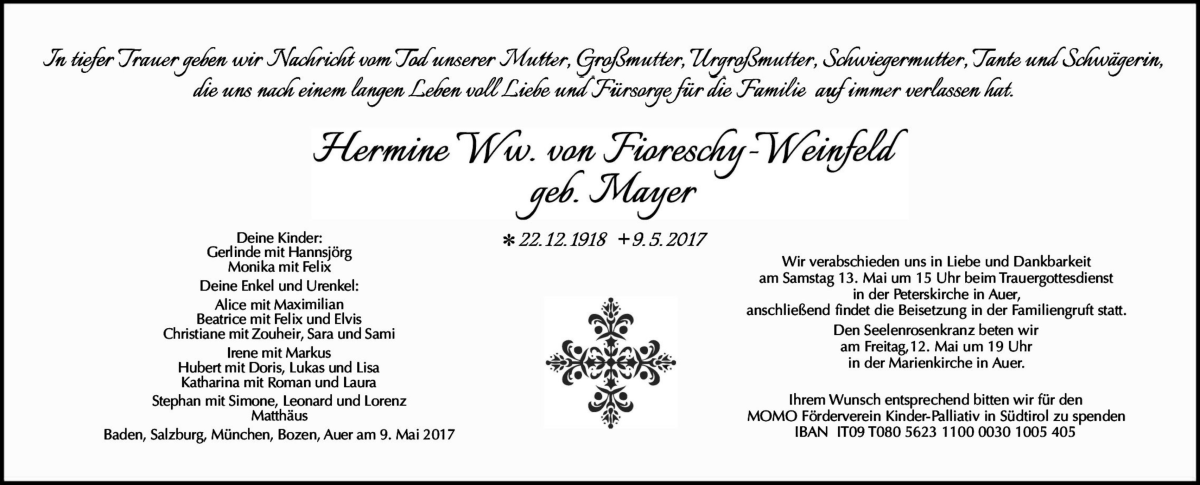  Traueranzeige für Hermine von Fioreschy-Weinfeld vom 11.05.2017 aus Dolomiten