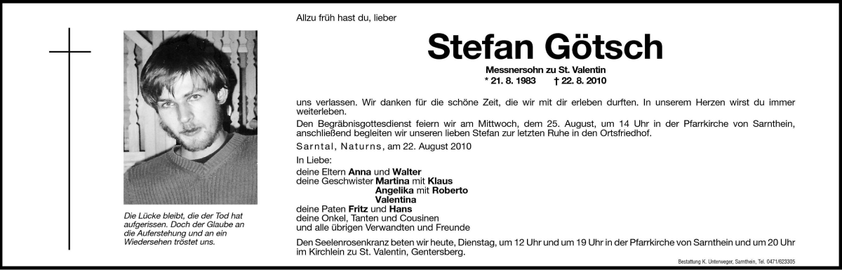  Traueranzeige für Stefan Götsch vom 24.08.2010 aus Dolomiten