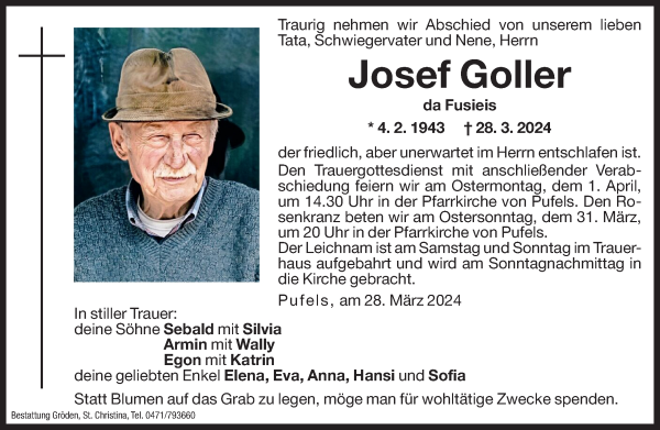 Traueranzeige von Josef Goller von Dolomiten