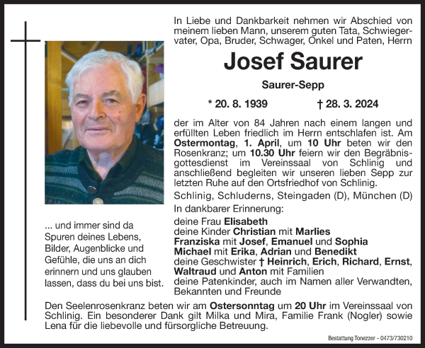 Traueranzeige von Josef Saurer von Dolomiten