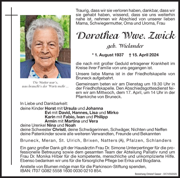 Traueranzeige von Dorothea Zwick von Dolomiten
