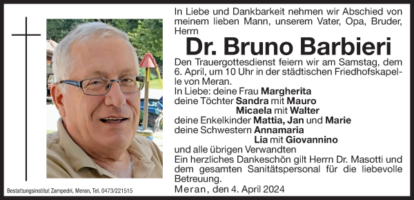 Traueranzeige von Dr. Bruno Barbieri von Dolomiten