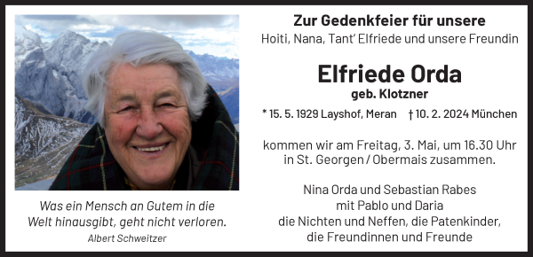 Traueranzeige von Elfriede Orda von Dolomiten