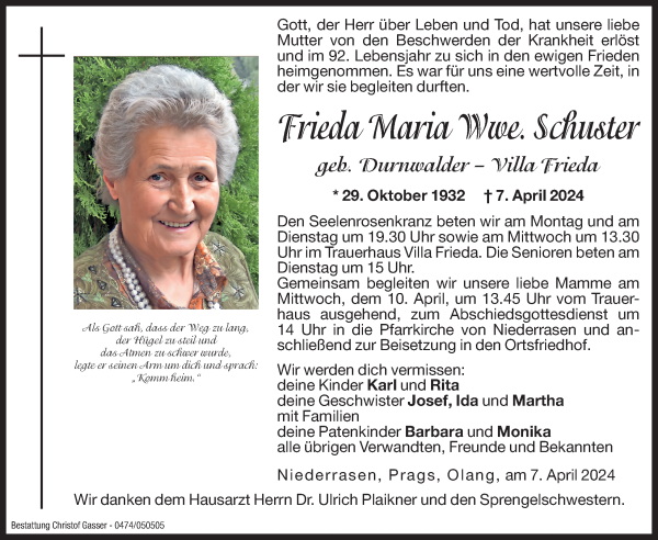 Traueranzeige von Frieda Maria Schuster von Dolomiten