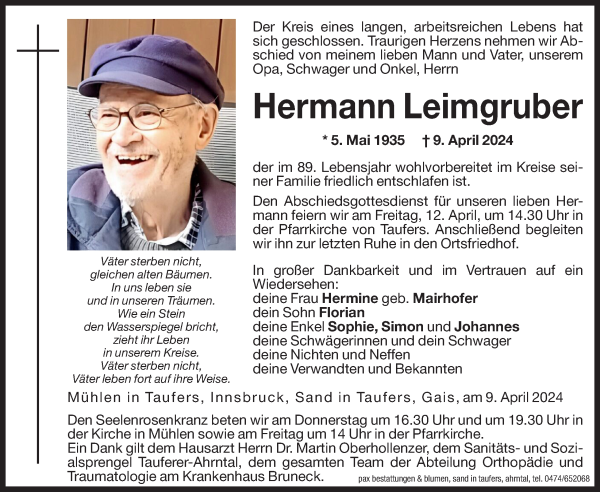Traueranzeige von Hermann Leimgruber von Dolomiten