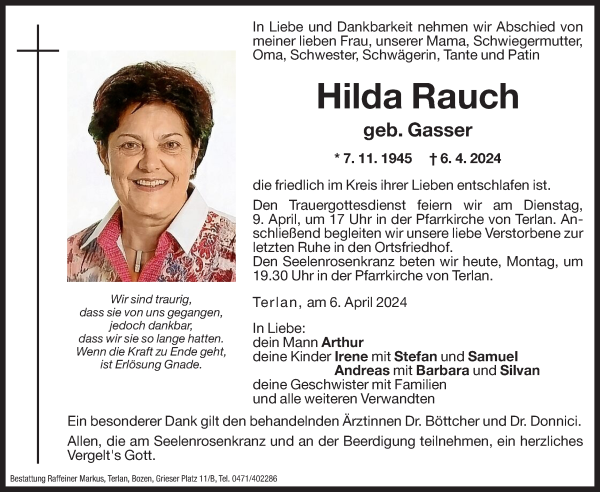 Traueranzeige von Hilda Rauch von Dolomiten