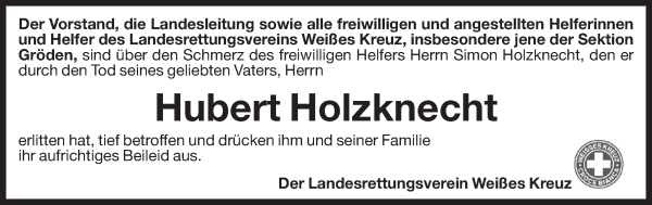 Traueranzeige von Hubert Holzknecht von Dolomiten
