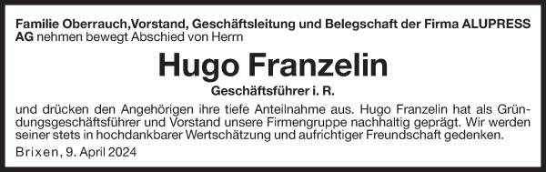 Traueranzeige von Hugo Franzelin von Dolomiten
