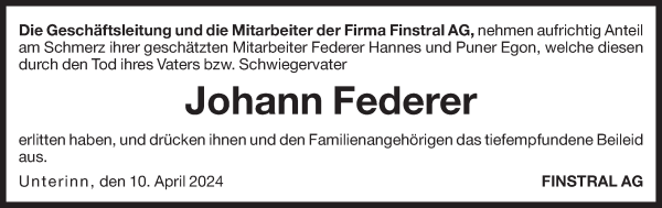 Traueranzeige von Johann Federer von Dolomiten