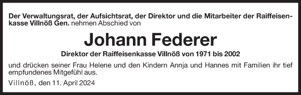 Traueranzeige von Johann Federer von Dolomiten
