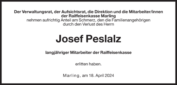 Traueranzeige von Josef Peslalz von Dolomiten