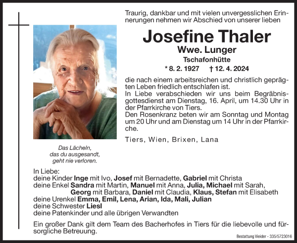 Traueranzeige von Josefine Lunger von Dolomiten