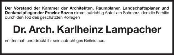 Traueranzeige von Karlheinz Lampacher von Dolomiten