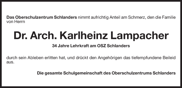 Traueranzeige von Karlheinz Lampacher von Dolomiten