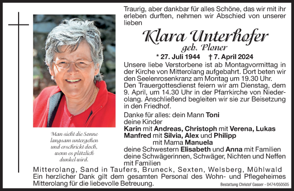 Traueranzeige von Klara Unterhofer von Dolomiten