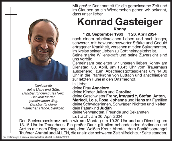 Traueranzeige von Konrad Gasteiger von Dolomiten