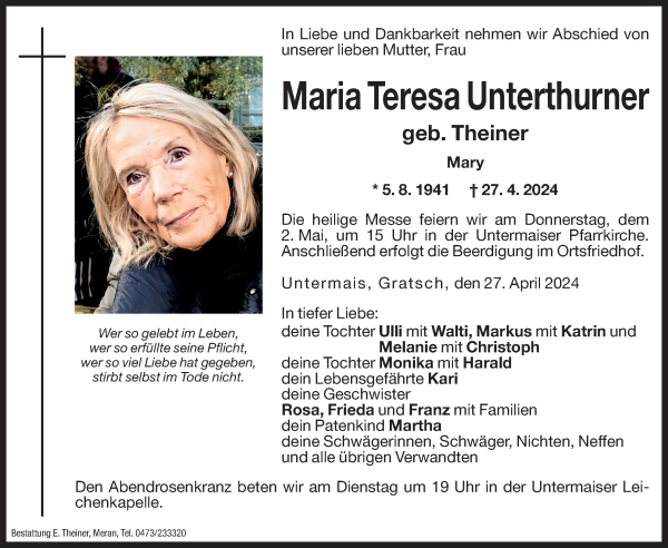 Traueranzeige von Maria Teresa Unterthurner von Dolomiten