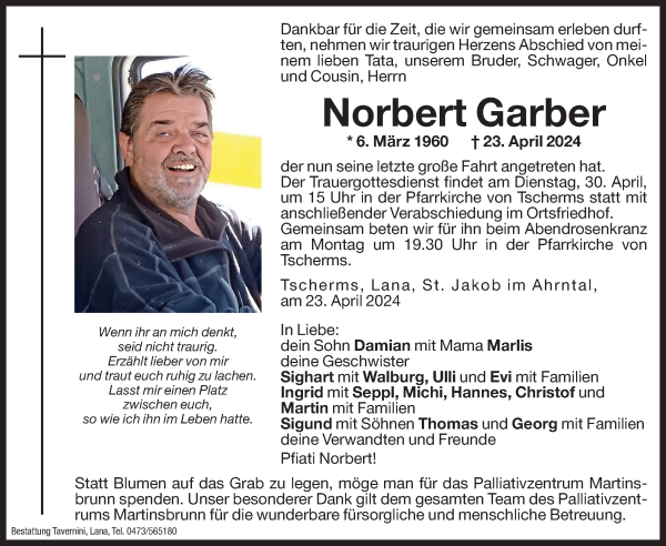 Traueranzeige von Norbert Garber von Dolomiten