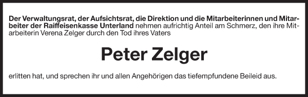 Traueranzeige von Peter Zelger von Dolomiten