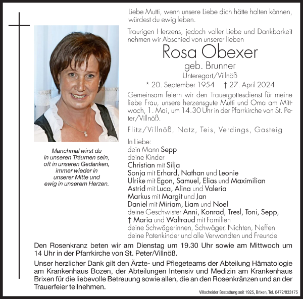 Traueranzeige von Rosa Obexer von Dolomiten