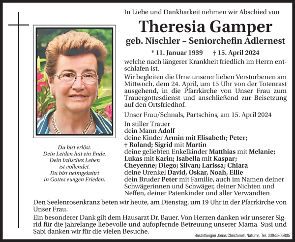 Traueranzeige von Theresia Gamper von Dolomiten
