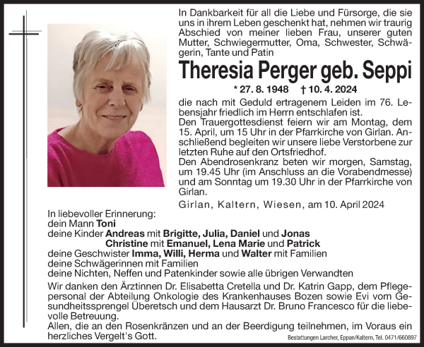 Traueranzeige von Theresia Perger von Dolomiten