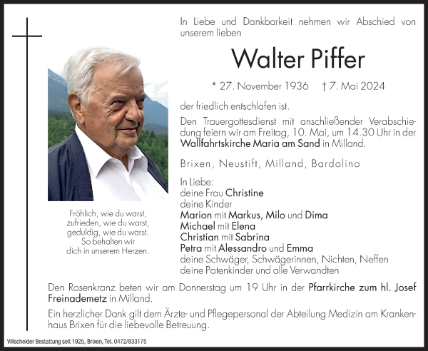 Traueranzeige von Walter Piffer von Dolomiten