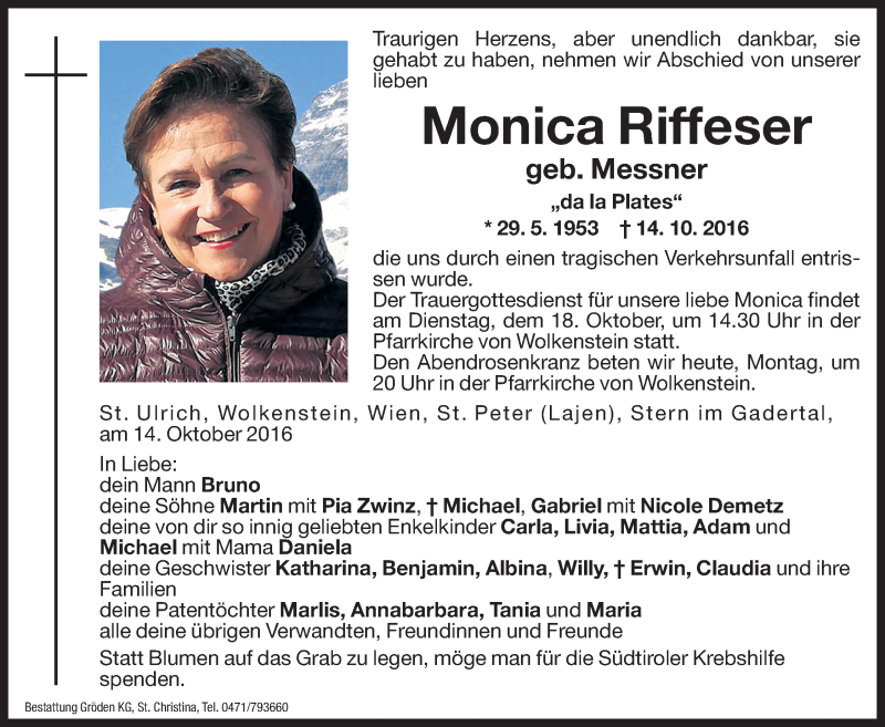  Traueranzeige für Monica Riffeser vom 17.10.2016 aus Dolomiten