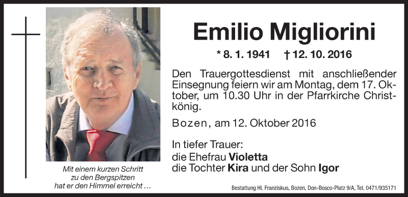 Traueranzeige für Emilio Migliorini vom 15.10.2016 aus Dolomiten
