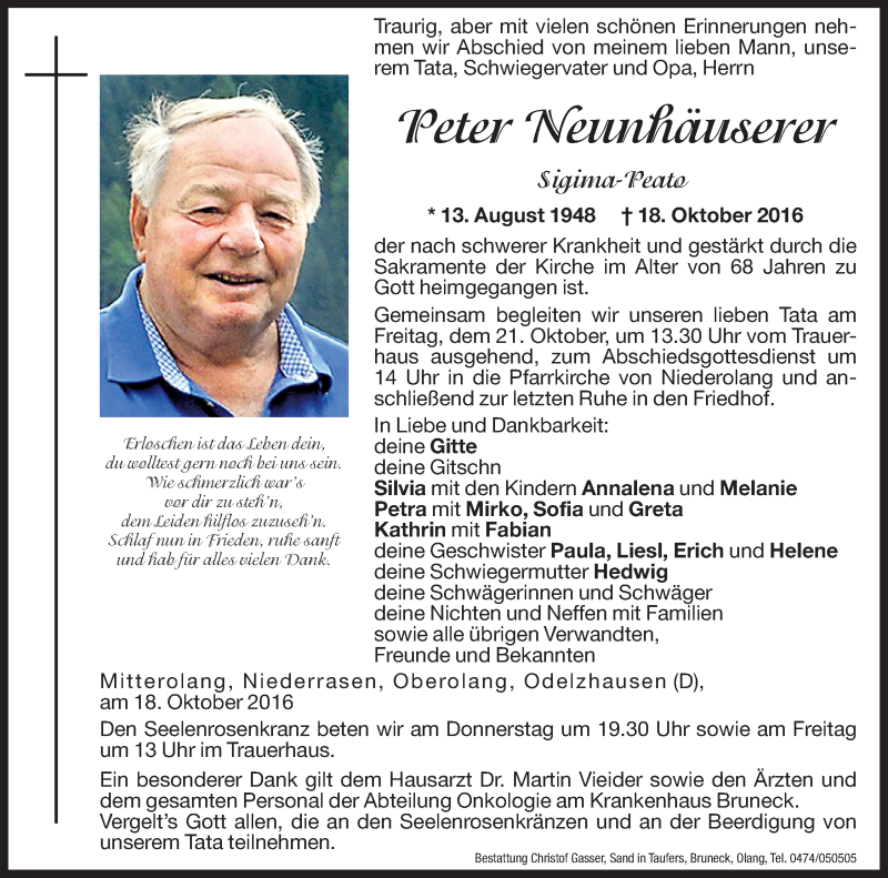  Traueranzeige für Peter Neunhäuserer vom 20.10.2016 aus Dolomiten