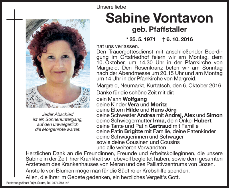  Traueranzeige für Sabine Vontavon vom 08.10.2016 aus Dolomiten