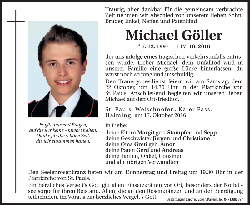  Traueranzeige für Michael Göller vom 20.10.2016 aus Dolomiten