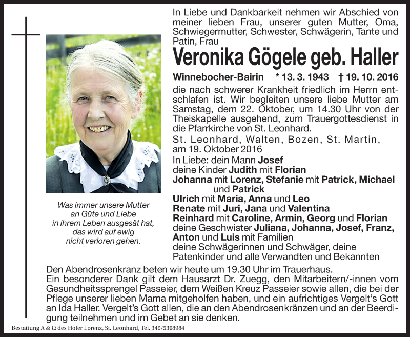  Traueranzeige für Veronika Gögele vom 21.10.2016 aus Dolomiten