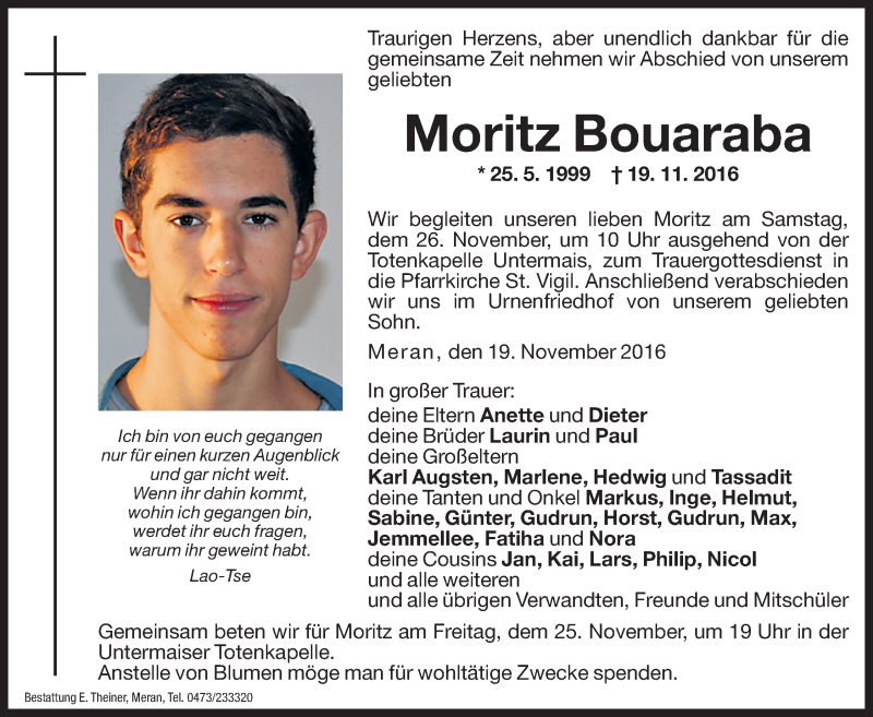  Traueranzeige für Moritz Bouaraba vom 25.11.2016 aus Dolomiten