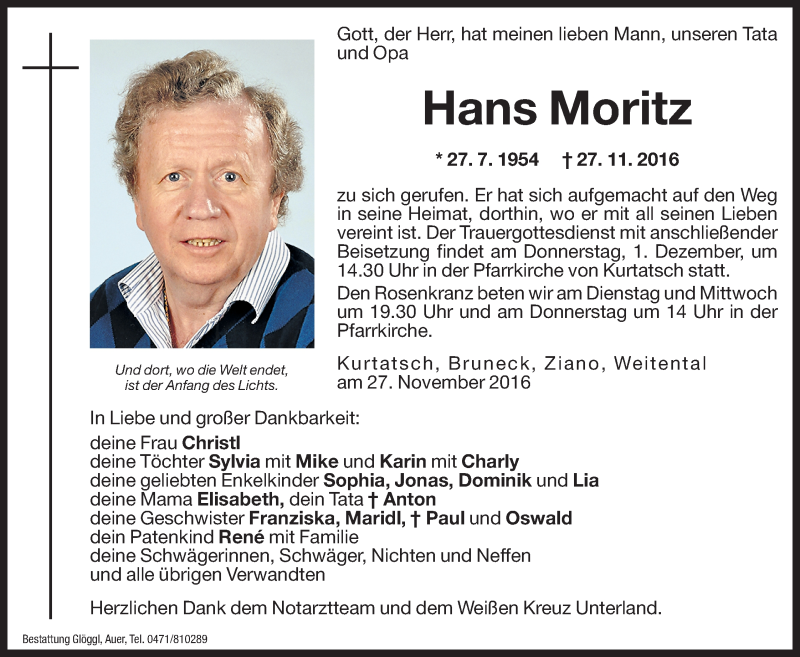 Traueranzeige für Hans Moritz vom 29.11.2016 aus Dolomiten