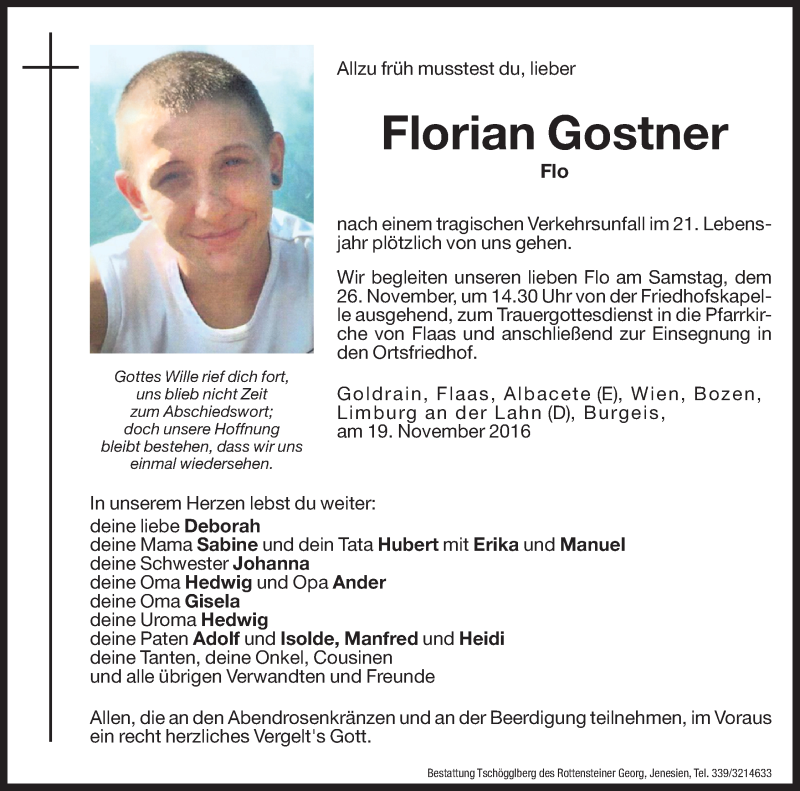  Traueranzeige für Florian Gostner vom 26.11.2016 aus Dolomiten