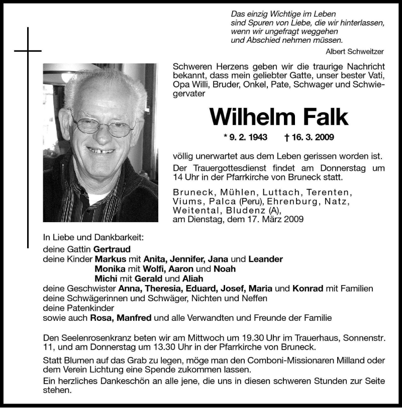  Traueranzeige für Wilhelm Falk vom 18.03.2009 aus Dolomiten